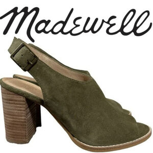 Madewell Cary Slingback Sandal Sz 7 Olive Green Suede 3.5" Block Heel boho retro